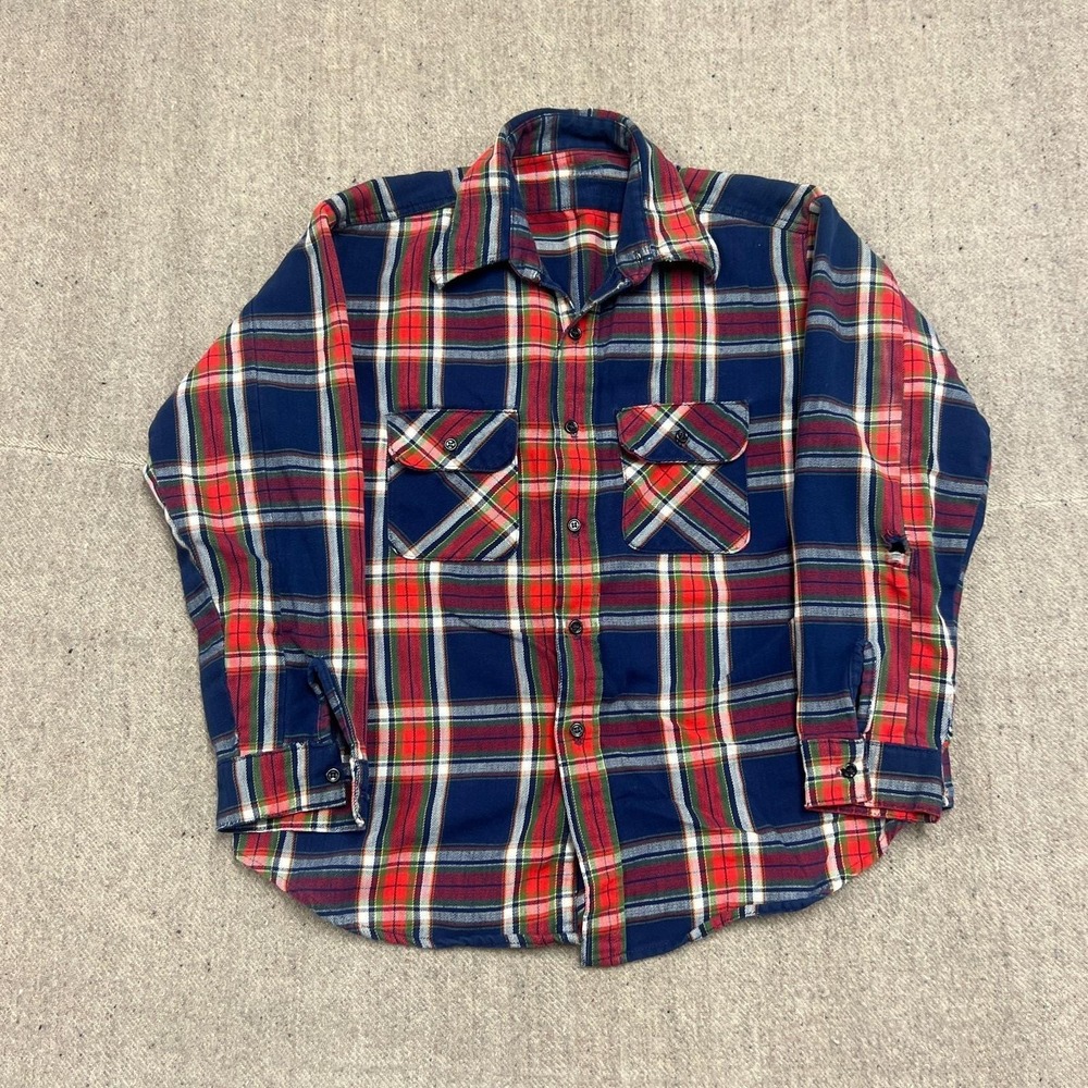 Vintage 1970s Flannel Button Up Shirt Mens XL Blue Plaid Cotton‎